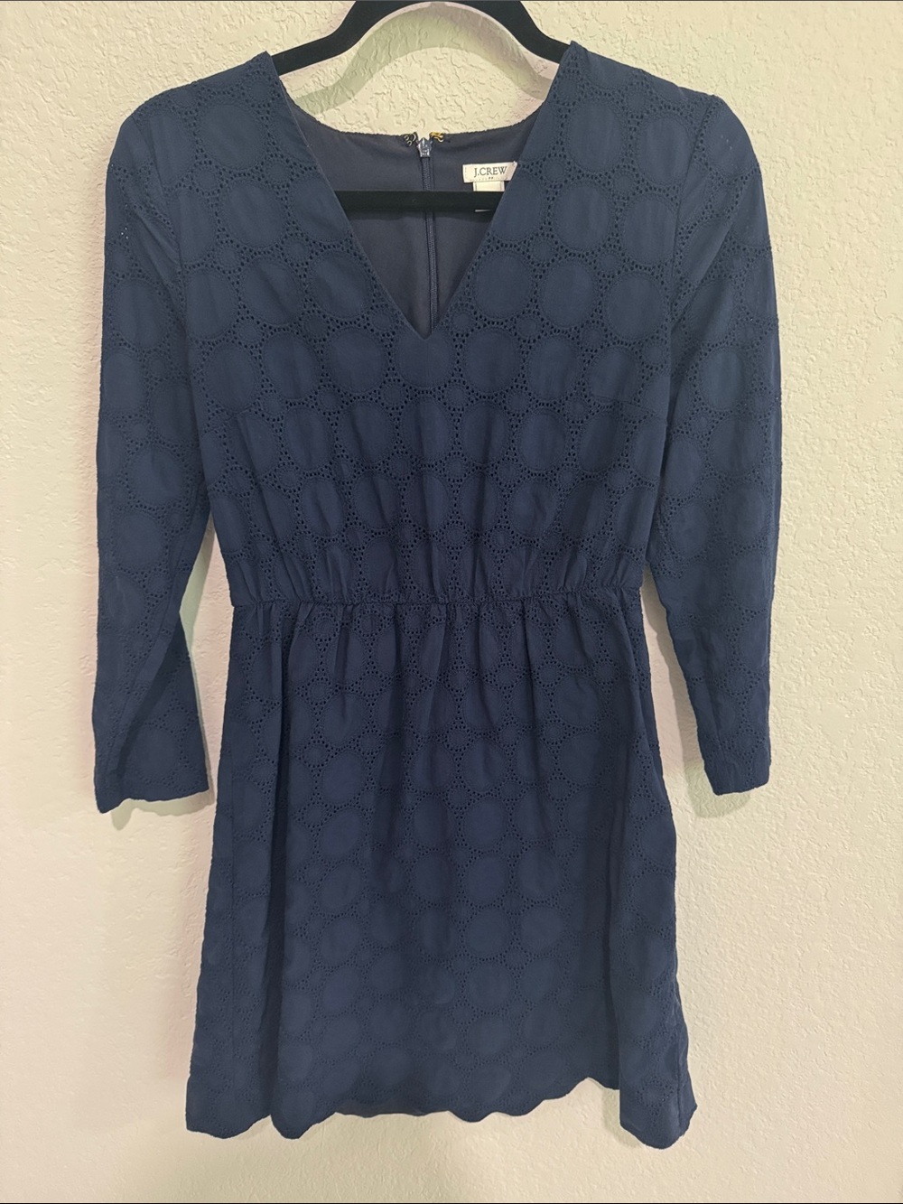 J. Crew Navy Eyelet V-Neck Long Sleeve Dress